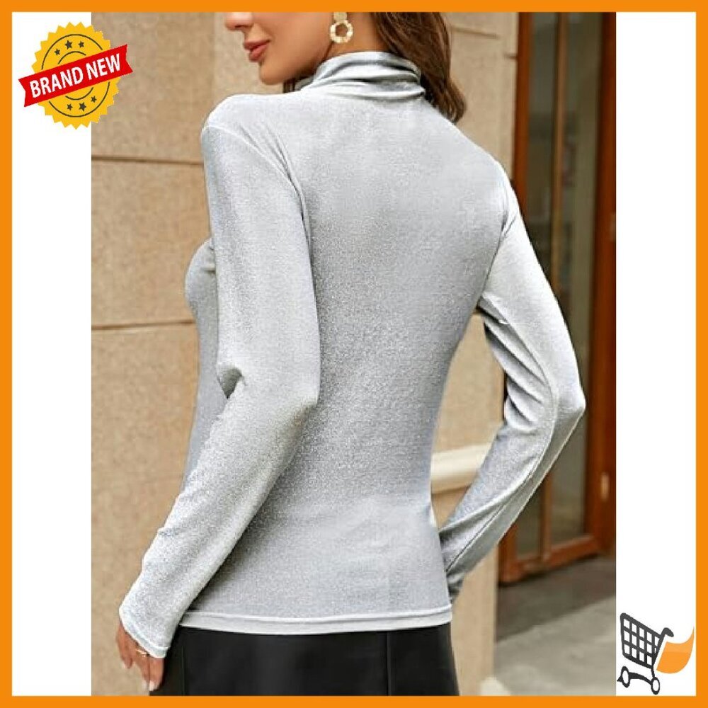Slim Fit Long Sleeve Turtleneck Glitter Tee Blouse Women's Top - Picture 7 of 8